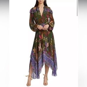 FARM RIO Green Purple Wild Jungle Handkerchief Long Sleeve Midi Dress